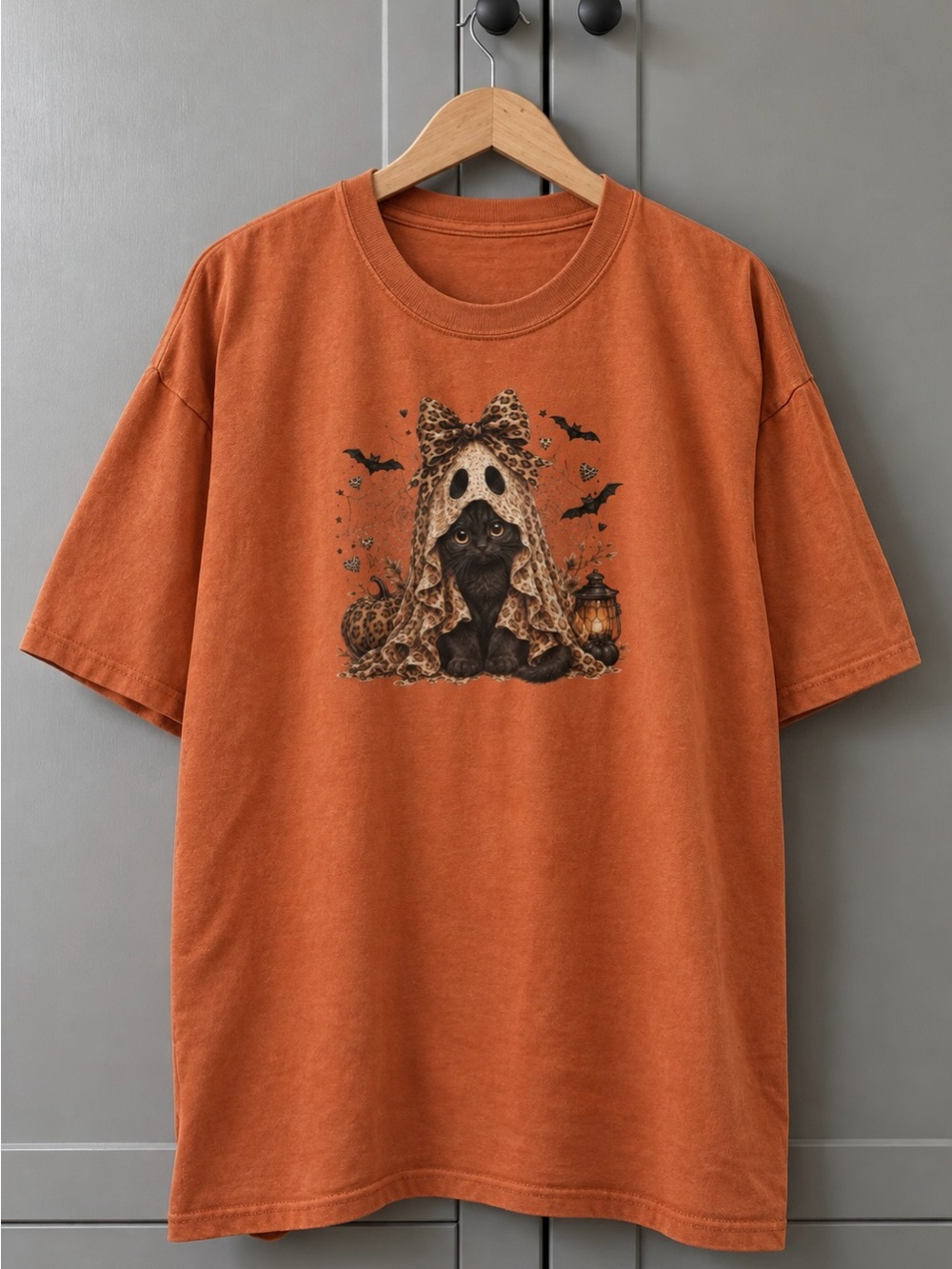 Leopard Print Ghost Black Cat Spooky Season Fall Aesthetic Statement Graphic Tee